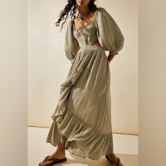 Free People Cross My Heart Cutout Maxi Dress taupe balloon sleeve side cut outs - Picture 2 of 14